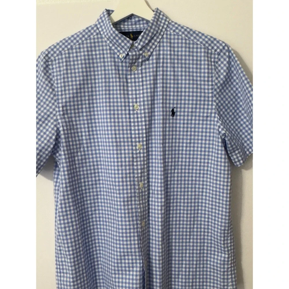 Ralph Lauren Gingham Button Down Boys‎ XL 18-20 Blue White Short Sleeve Preppy